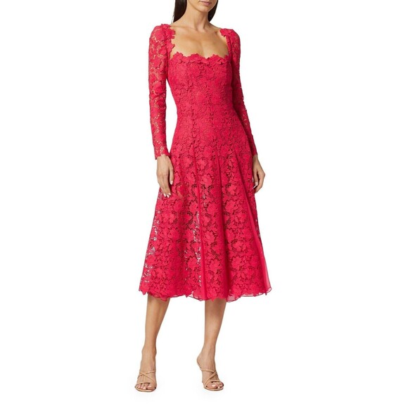 $4290 Oscar De La Renta Gardenia Lace Party Cocktail Midi Dress Cerise Size 10 - Picture 1 of 7